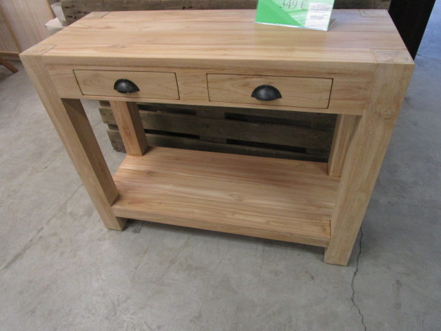 <p>Console Teck double plateau<br />2 tiroirs  100 x 40 x H 78 Cm<br />349,00 € T.T.C<br /><a href="/Article/2477?type=neuf" style="color:white;" target="_blank">Lien vers l&#39;article</a></p>